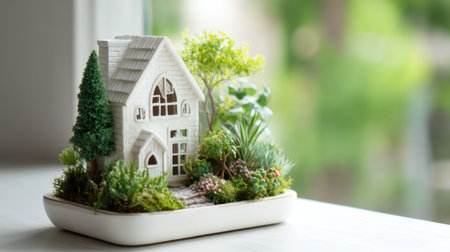 A charming miniature house nestled among lush greenery, plants, and flowers, creating a picturesque scene that evokes feelings of peace and creativity in any space.の素材