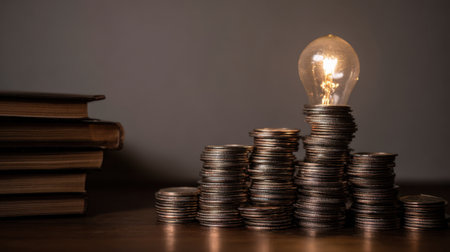 A creative arrangement of stacked coins with a glowing light bulb on top, symbolizing wealth and ideas, complemented by stacked books, ideal for finance or educational themes.の素材