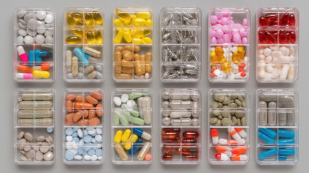 Explore a colorful range of capsules, tablets, and vitamins displayed in transparent containers, showcasing the importance of organization for health management and daily wellness.の素材