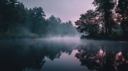 A serene early morning scene featuring a mist-covered lake surrounded by lush trees. The calm water reflects the beauty of nature, evoking tranquility and peace.の素材