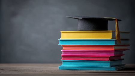 Vibrant stacked books topped with a graduation cap represent the journey of learning and achievement. Ideal for themes of education, success, and personal growth.の素材