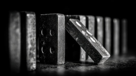 A dramatic black and white image captures a series of dominoes standing in a line, emphasizing one domino as it topples, bringing forth themes of balance and chaos.の素材