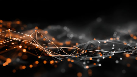 A captivating abstract visual showcasing glowing lines and dots in black, white, and orange, symbolizing the essence of digital connectivity and modern technology.の素材