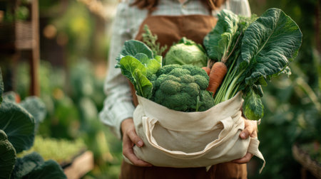 A woman holds a cloth bag filled with fresh organic vegetables, including broccoli, carrots, and greens, symbolizing sustainable farming and healthy eating choices.の素材