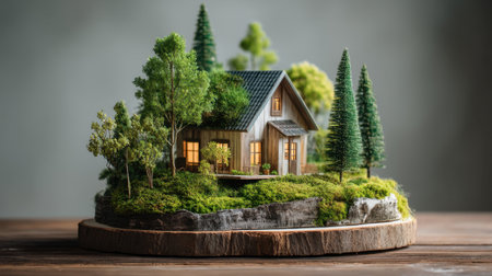 This miniature model features a charming wooden house enveloped in lush greenery and trees, creating a serene and inviting landscape, ideal for decoration.の素材