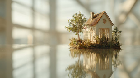 A captivating miniature house sits gracefully on a reflective surface, surrounded by lush greenery, creating a serene atmosphere perfect for home-inspired themes.の素材