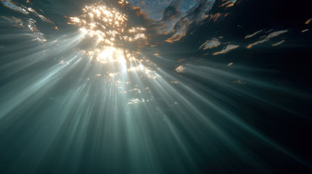 Experience a serene underwater scene featuring ethereal rays of sunlight breaking through the ocean's surface, creating a peaceful atmosphere full of natural beauty.の素材