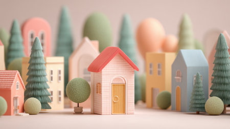 A captivating 3D scene featuring colorful miniature houses and trees, arranged in a whimsical design. This artistic village evokes creativity and charm in a playful setting.の素材
