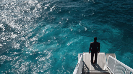 A lone person stands on a wooden dock, gazing at the stunning turquoise ocean. Bright sunlight reflects off the water, creating a serene and peaceful atmosphere.の素材