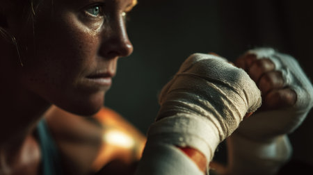 A close-up shot of a focused female boxer with wrapped hands, preparing mentally and physically for her match, showcasing her determination and strength.の素材