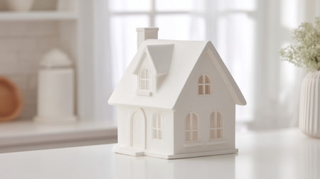 A charming white house model placed on a bright table, perfect for enhancing home decor. The piece highlights elegant design and minimalist style in a cozy interior space.の素材