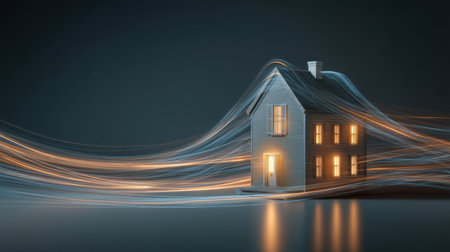 A beautifully illuminated house sits against a dark backdrop, showcasing dynamic light trails that symbolize energy and creativity, sparking inspiration for various concepts.の素材