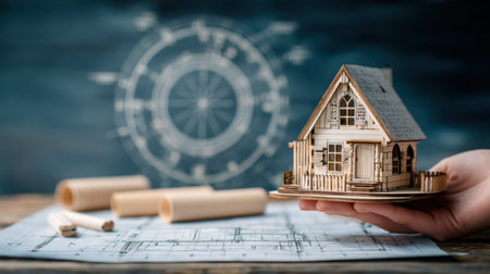 A skilled hand holds a detailed wooden architectural model of a house above a blueprint, symbolizing creativity, construction, and design in architectural projects.の素材