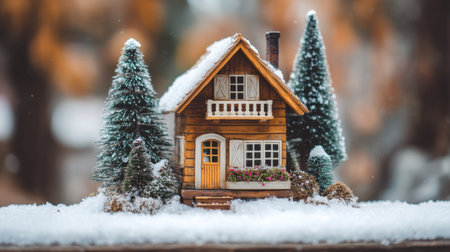 A delightful miniature wooden house set in a snowy landscape with lush trees, capturing the essence of winter charm and warmth during the holiday season.の素材
