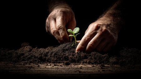A pair of hands gently planting a small green seedling into rich dark soil. The soft natural light highlights the nurturing act, symbolizing growth and renewal.の素材