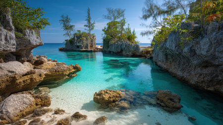 Discover a tranquil tropical cove where crystal clear waters meet rocky outcrops and lush green trees under a bright blue sky, perfect for relaxation and exploration.の素材