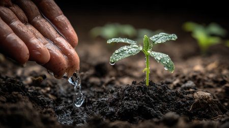 A close-up image shows a hand gently watering a young green seedling, showcasing droplets on its leaves and soil, symbolizing growth and environmental care.の素材