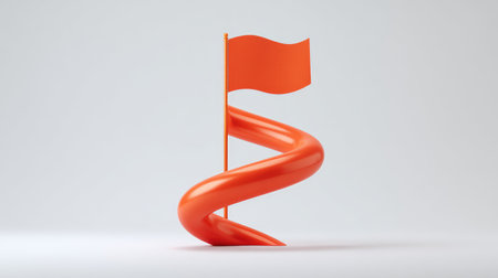 D arrow path looping toward a flag icon, symbolic goal visual with clean white background and copy spaceの素材