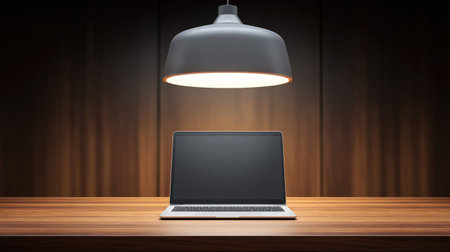 Abstract executive office interior with laptop at the center of polished wooden desk, background softly litの素材
