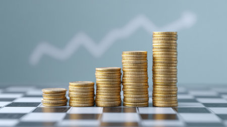 Business planning concept with rising stacks of coins moving from left to right across a chessboard and chart lines aboveの素材