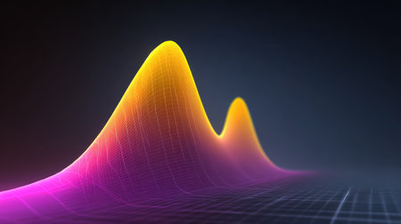 Abstract curved chart in neon style showing trends over time, against a transparent graph background with spaceの素材