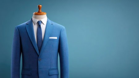 Blue business suit on a tailor's mannequin in a professional studio with bright blank background and copy spaceの素材
