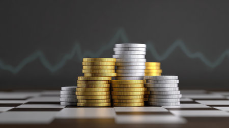 D rendering of coin stacks across a chessboard grid with a digital financial graph rising behind, representing calculated financial movesの素材