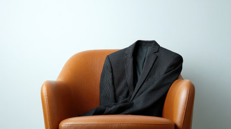 Business suit jacket draped over a leather office chair in a modern workspace, white wall background with copy spaceの素材
