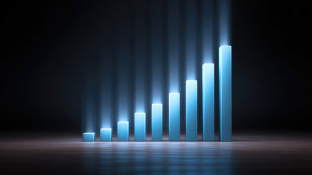 Abstract D financial chart rising over time, bars and trend lines glowing in blue on black background with spaceの素材