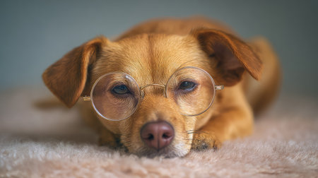 Adorable dog with clear rimmed glasses resting on soft rug with plain backdrop, natural shadows and spaceの素材