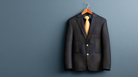 A neatly arranged black business suit with a tie on a wooden hanger, displayed against a plain gray wall with ample copy spaceの素材