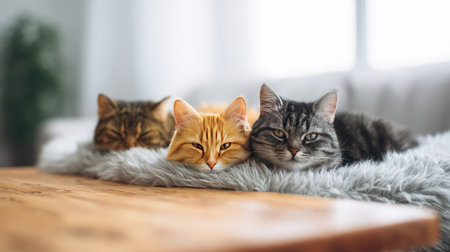 Cats resting on soft blankets near a modern coffee table in a stylish living room with natural sunlight and blank spaceの素材