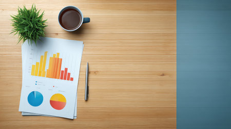 Business desk with roadmap paper, pen, and charts laid out with ample space for design or messageの素材