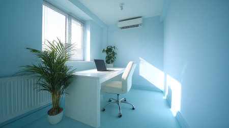 Bright workspace in a corner office with personal laptop, minimalist furniture, and copy space on walls and deskの素材