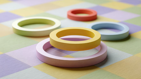 Colorful flat rings and circles layered on a faded checkerboard geometry, soft light and minimal spaceの素材