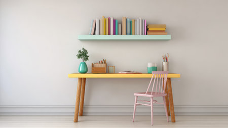 Clean and organized creative zone with wooden desk, pastel colors, and open shelving, surrounded by empty spaceの素材