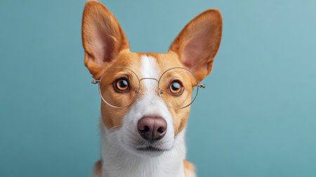 Close-up of a dog with golden rimmed glasses on pastel colored background, minimalist style with spaceの素材
