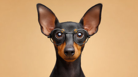 Close-up portrait of a dog wearing round glasses on a smooth beige backdrop, minimalistic with open spaceの素材