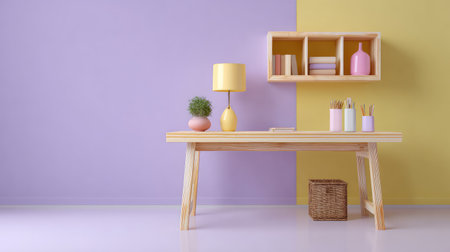 Clean and organized creative zone with wooden desk, pastel colors, and open shelving, surrounded by empty spaceの素材