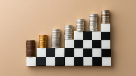 Conceptual flat lay of coins forming ascending bars across chessboard squares, analytics chart overlay in soft tonesの素材