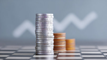 Close-up of stacked coins positioned on chessboard squares forming a path toward a rising financial chart, copy space on sidesの素材