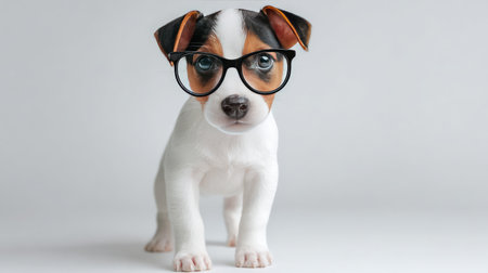 Cute puppy with oversized black glasses looking straight ahead on a clean white background, spacious copy area aroundの素材