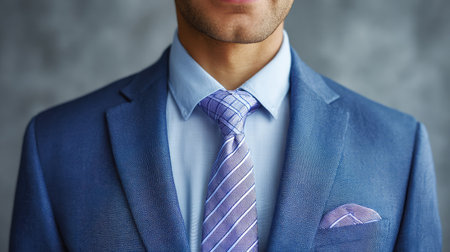 Close-up of suit collar and tie details with blurred neutral background and space for overlay or brandingの素材