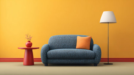 Cozy living room interior featuring round table, fabric sofa, floor lamp, and warm colors with clean copy spaceの素材