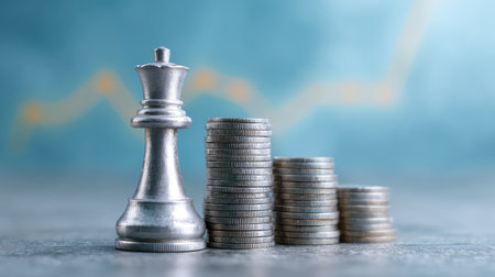 Coins arranged like ascending chess pieces on a board with glowing chart lines in soft blue backgroundの素材
