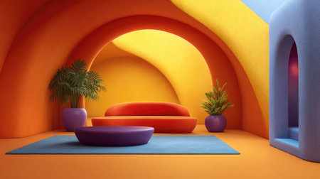 Digital visualization of colorful creative room with curved walls, bold furniture, and open design for empty spaceの素材
