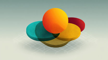 Colorful flat circles layered on a light isometric geometric grid, simple and fresh modern layout with copy spaceの素材