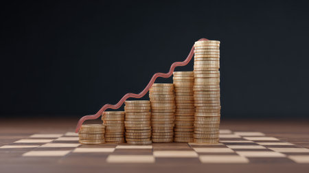 Creative business visualization showing a rising graph path over stacked coins across a chessboard, blank sidesの素材