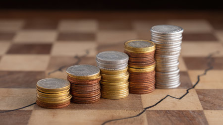 Economic metaphor showing coin stacks in a diagonal line across a chessboard, with technical chart lines aboveの素材