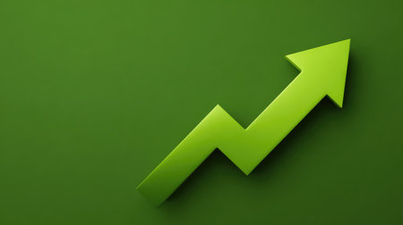 Green trend arrow with line chart moving upward on technical dashboard, clean layout with open copy spaceの素材